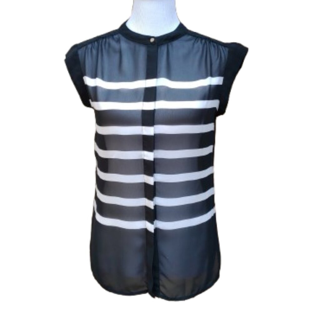 Liz Claiborne Striped Button-Up Blouse Black White Sheer High Neck Short Sleeves
